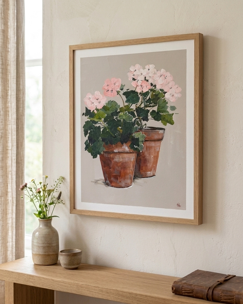 Framed Mockup of Painting of Pink Geraniums in Two Terracotta Pots Painted in Acrylic on Cotton Canvas roslynmary art.