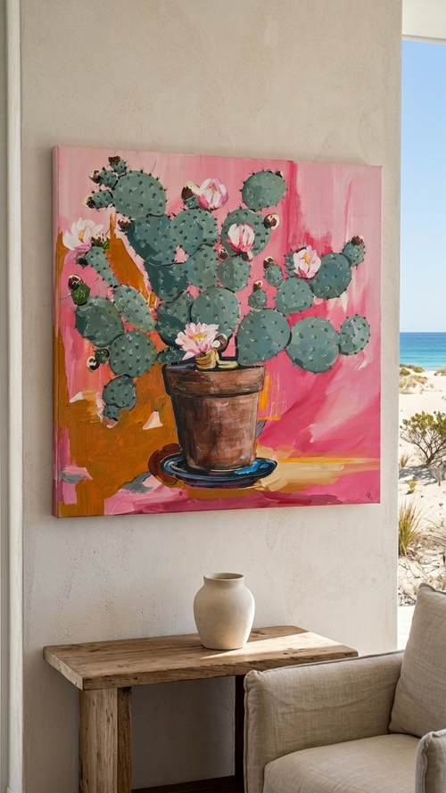 Mockup of Painting of Flowing Cactus in Terracotta Pot on Colourful Pink Background Painted in Acrylic on Stretched Canvas roslynmary art.