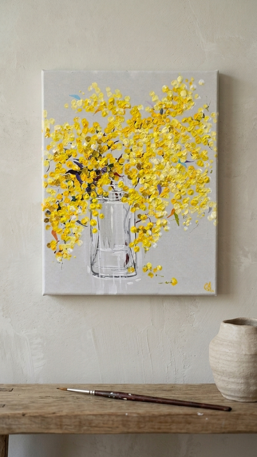 Mockup of Painting of Golden Wattle Painted in Acrylic on Stretched Canvas roslynmary art.