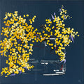 Painting of Golden Wattle in Glass Vase on Dark Navy Background Painted in Acrylic on Stretched Canvas roslynmary art.