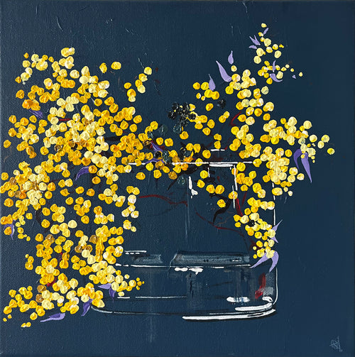Painting of Golden Wattle in Glass Vase on Dark Navy Background Painted in Acrylic on Stretched Canvas roslynmary art.