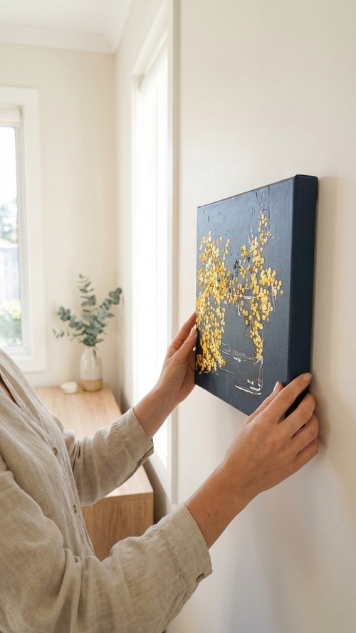 Hanging Painting of Golden Wattle in Glass Vase on Dark Navy Background Painted in Acrylic on Stretched Canvas roslynmary art.