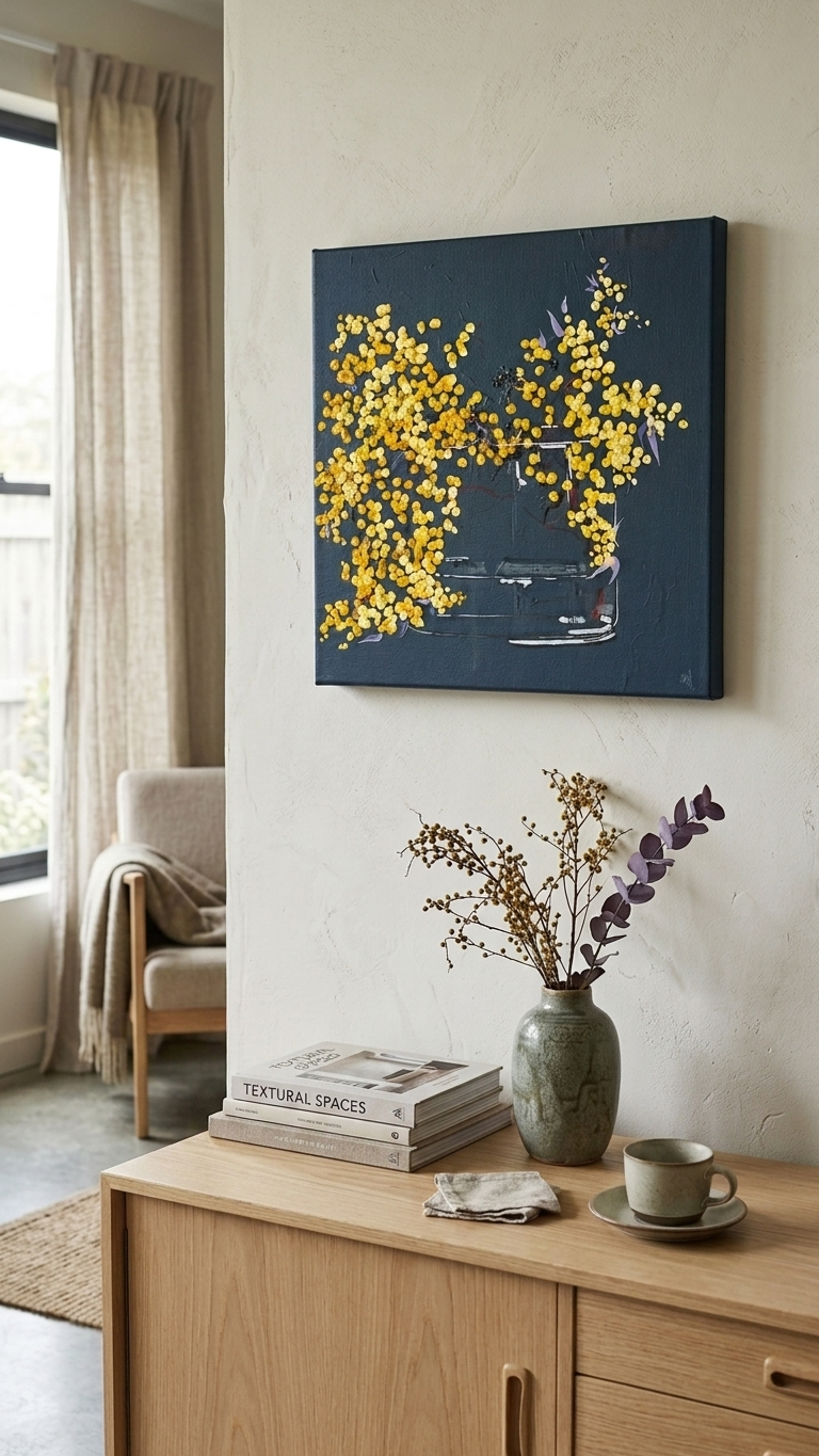 Painting Mockup of Golden Wattle in Glass Vase on Dark Navy Background Painted in Acrylic on Stretched Canvas roslynmary art.