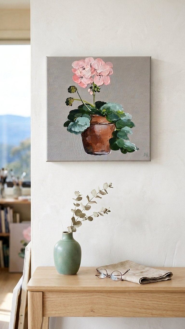 Painting Mockup of Pink Geranium in Terracotta Pot Painted in Acrylic on Stretched Canvas roslynmary art.