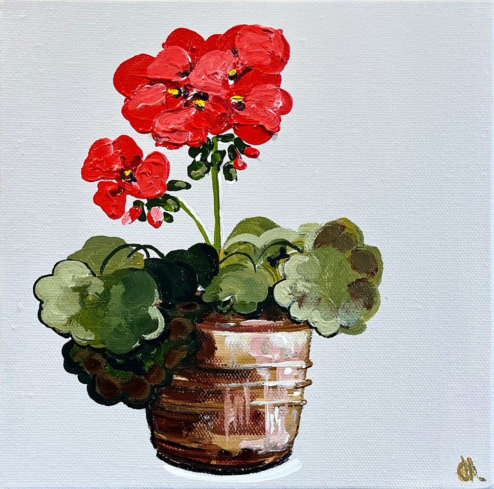 Painting of Red Geranium in Terracotta Pot Painted in Acrylic on Stretched Canvas roslynmary art.