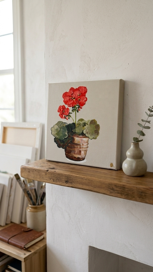 Painting Mockup of Red Geranium in Terracotta Pot Painted in Acrylic on Stretched Canvas roslynmary art.