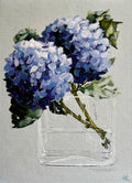 Painting of Blue Hydrangeas in Glass Vase Painted in Acrylic on Cotton Canvas roslynmary art.