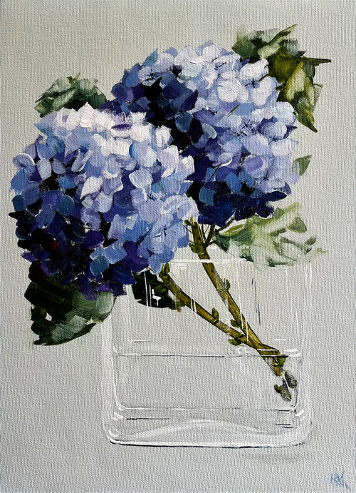 Painting of Blue Hydrangeas in Glass Vase Painted in Acrylic on Cotton Canvas roslynmary art.