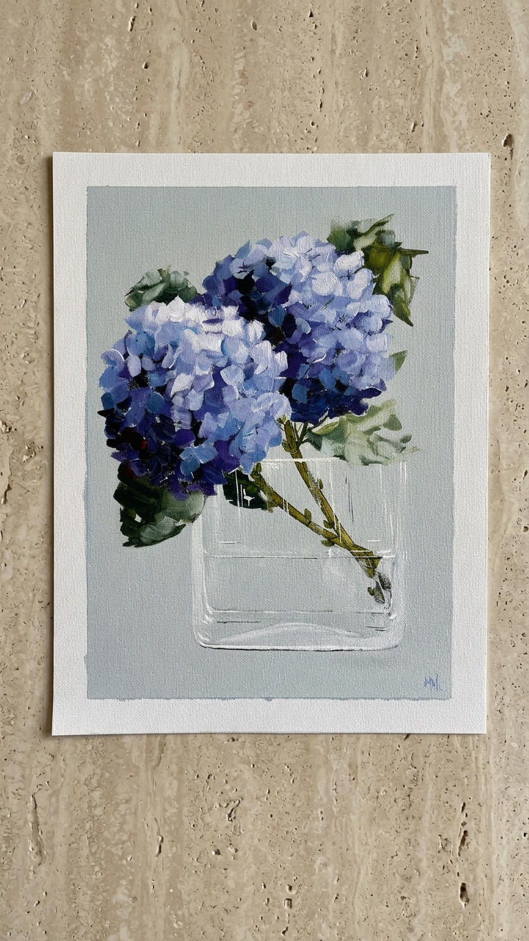 Painting of Blue Hydrangeas in Glass Vase Painted in Acrylic on Cotton Canvas with Border roslynmary art.