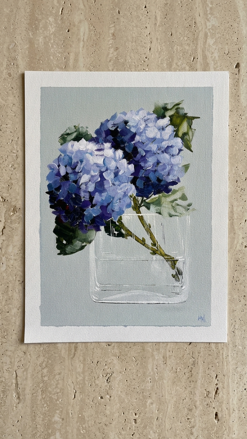 Painting of Blue Hydrangeas in Glass Vase Painted in Acrylic on Cotton Canvas with Border roslynmary art.