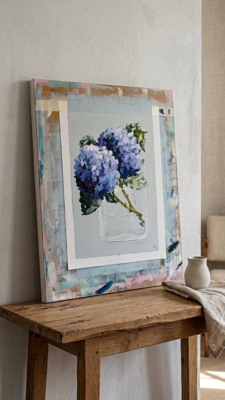 Painting Mockup of Blue Hydrangeas in Glass Vase Painted in Acrylic on Cotton Canvas roslynmary art.
