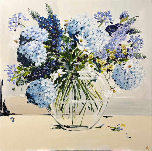 Painting of Blue Hydrangea in Glass Vase Painted in Acrylic on Stretched Canvas roslynmary art.