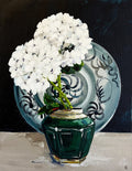 Painting of Two White Hydrangeas in Chinese Ginger Jar Painted in Acrylic on Cotton Canvas roslynmary art.