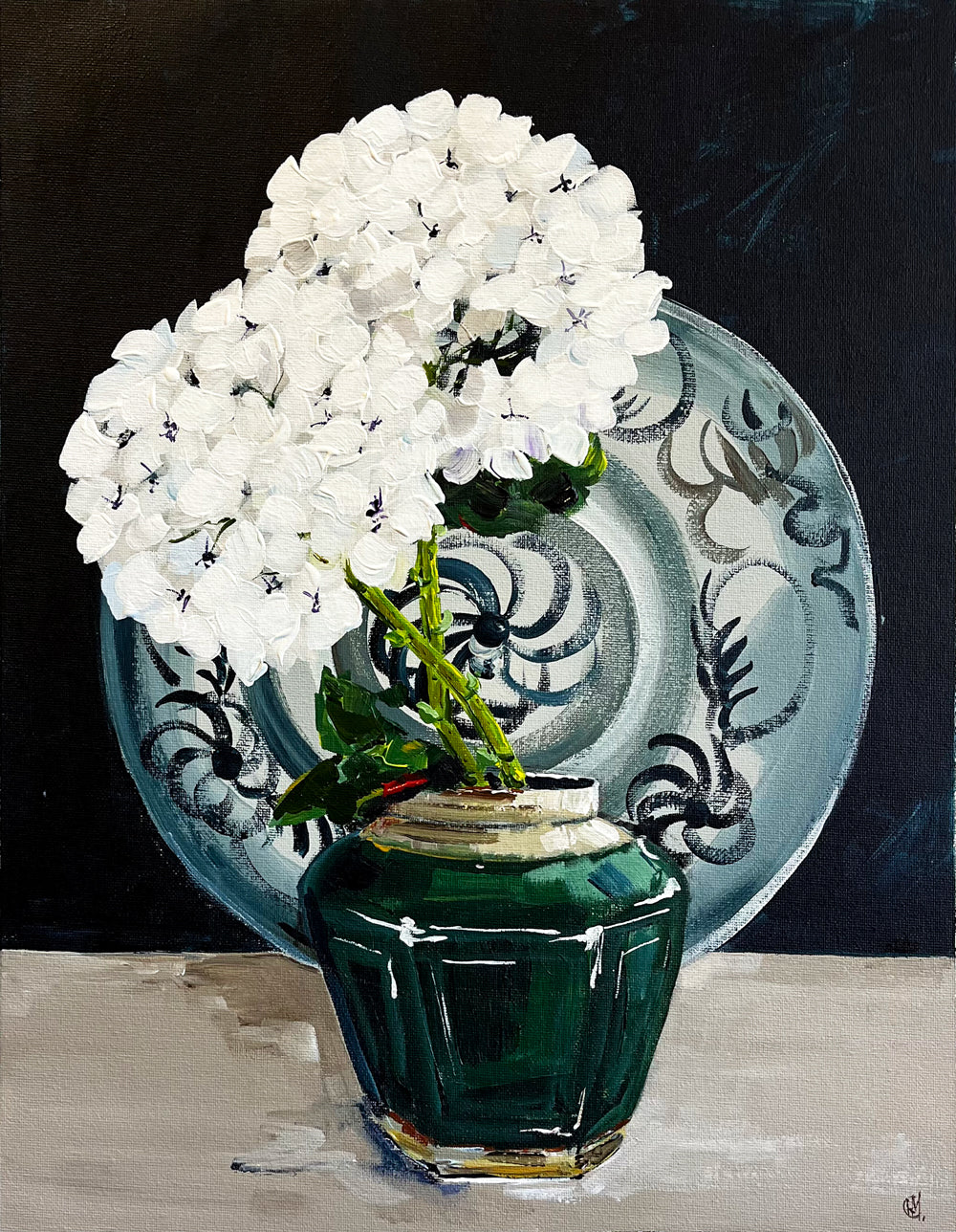 Painting of Two White Hydrangeas in Chinese Ginger Jar Painted in Acrylic on Cotton Canvas roslynmary art.