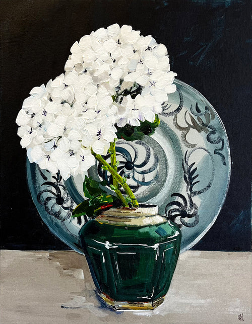 Painting of Two White Hydrangeas in Chinese Ginger Jar Painted in Acrylic on Cotton Canvas roslynmary art.