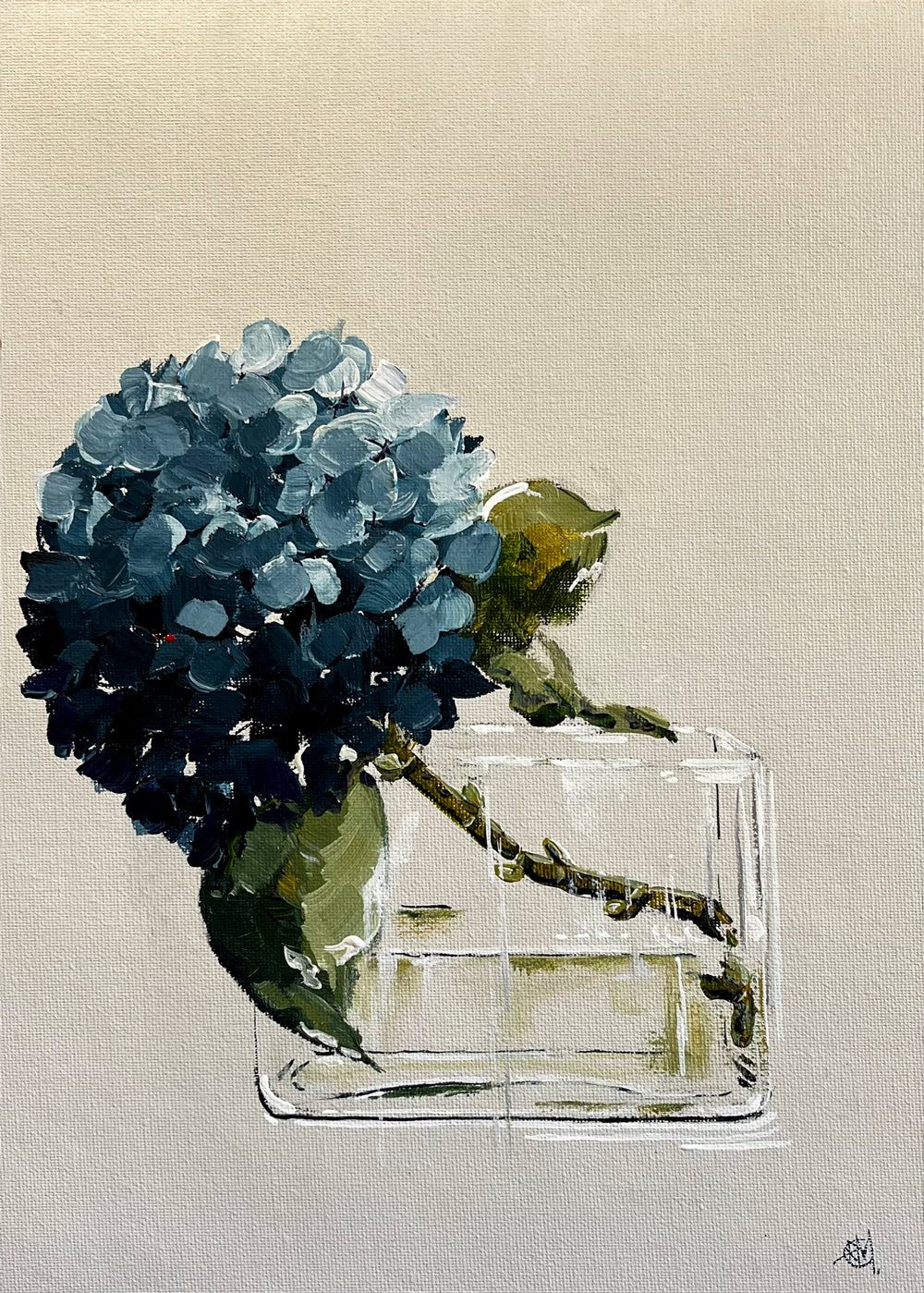 Painting of Blue Hydrangeas in Glass Vase Painted in Acrylic on Cotton Canvas roslynmary art.