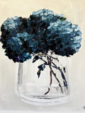 Painting of Deep Blue Hydrangeas in Glass Vase Painted in Acrylic on Cotton Canvas roslynmary art.