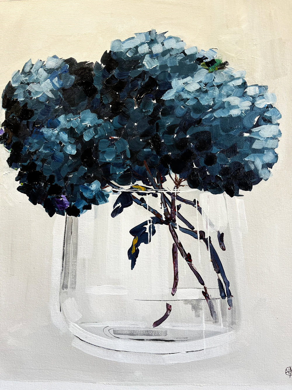 Painting of Deep Blue Hydrangeas in Glass Vase Painted in Acrylic on Cotton Canvas roslynmary art.