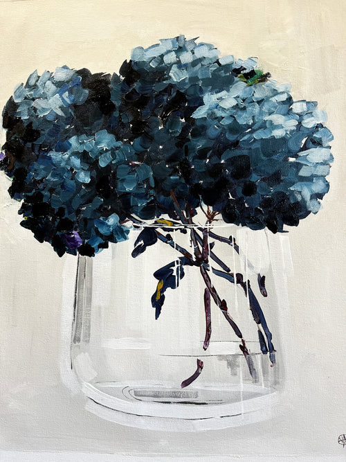 Painting of Deep Blue Hydrangeas in Glass Vase Painted in Acrylic on Cotton Canvas roslynmary art.