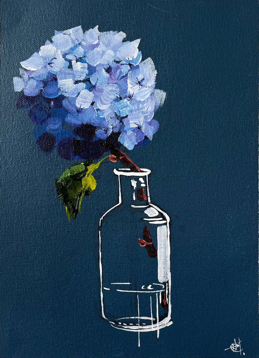 Single Blue Hydrangea in Glass Bottle on Dark Navy Background Painted in Acrylic on Cotton Canvas roslynmary art.