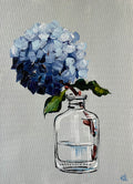 Single Blue Hydrangea in Glass Bottle Painted in Acrylic on Cotton Canvas roslynmary art.