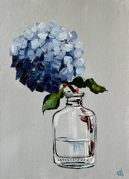Single Blue Hydrangea in Glass Bottle Painted in Acrylic on Cotton Canvas roslynmary art.