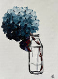 Single Blue Hydrangea in Glass Bottle Painted in Acrylic on Cotton Canvas roslynmary art.