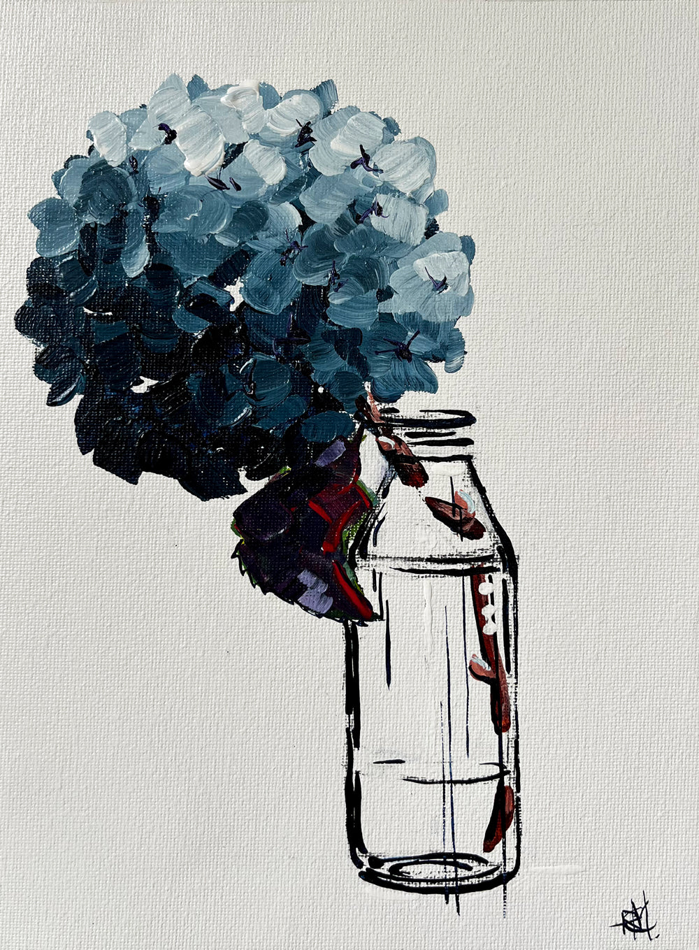 Single Blue Hydrangea in Glass Bottle Painted in Acrylic on Cotton Canvas roslynmary art.