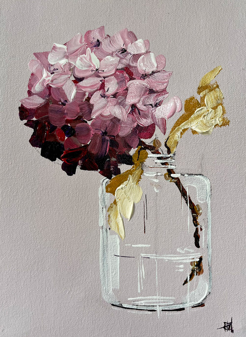 Single Pink Hydrangea in Glass Bottle Painted in Acrylic on Cotton Canvas roslynmary art.