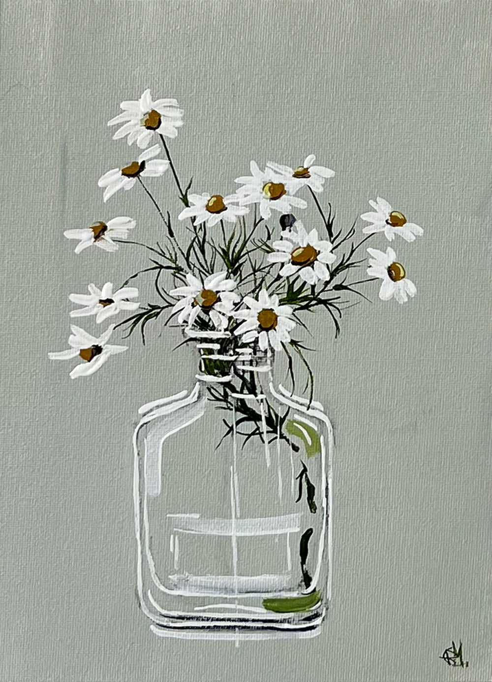 Painting of Daisies in Glass Bottle Painted in Acrylic on Cotton Canvas roslynmary art.