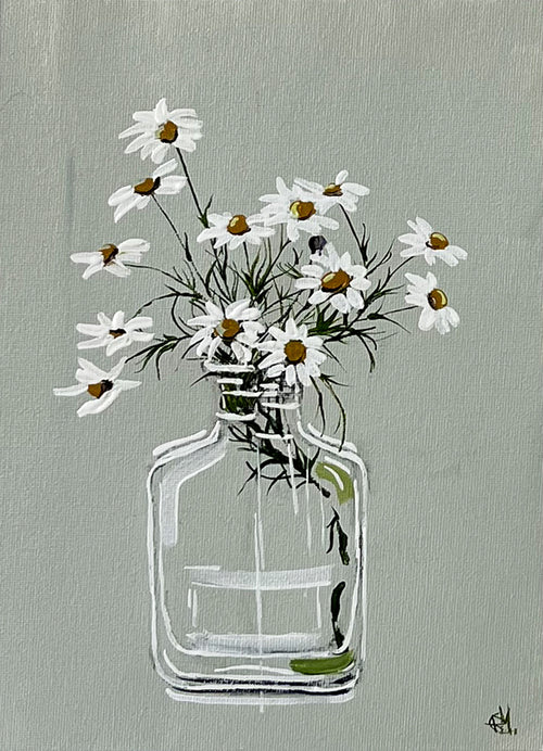 Painting of Daisies in Glass Bottle Painted in Acrylic on Cotton Canvas roslynmary art.