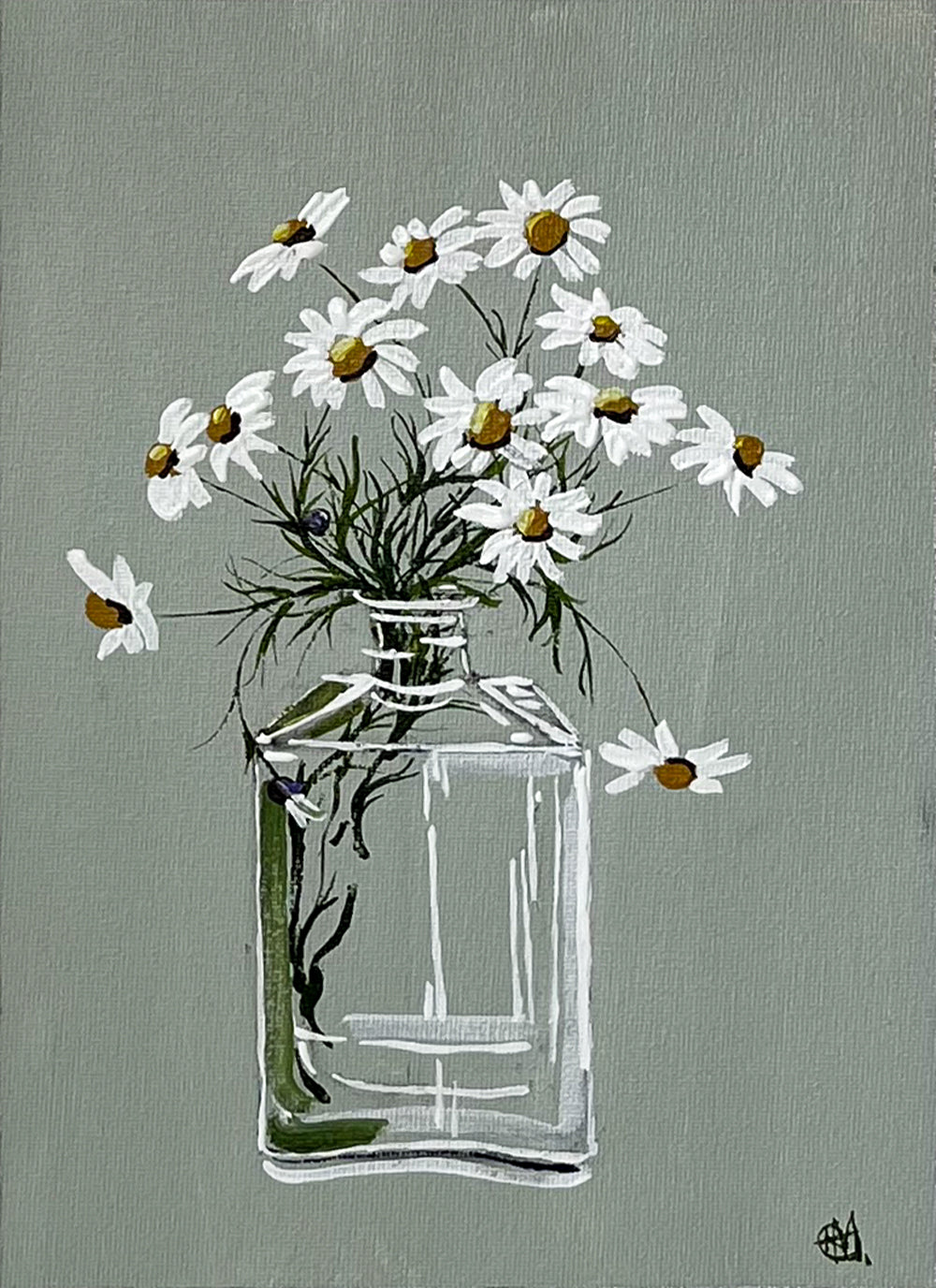 Painting of Daisies in Glass Bottle Painted in Acrylic on Cotton Canvas roslynmary art.