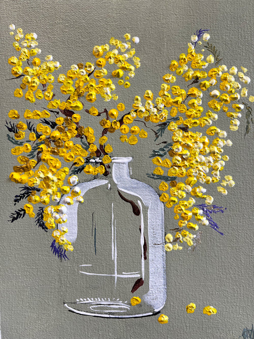 Painting of Wattle in Glass Bottle Painted in Acrylic on Cotton Canvas roslynmary art.