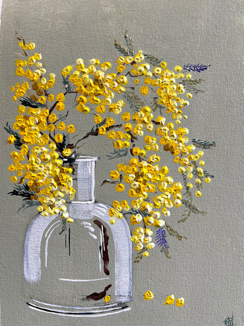 Painting of Wattle in Glass Bottle Painted in Acrylic on Cotton Canvas roslynmary art.
