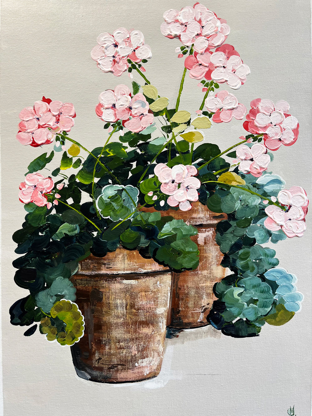 Painting of Pink Geraniums in Terracotta Pots Painted in Acrylic on Cotton Canvas roslynmary art.