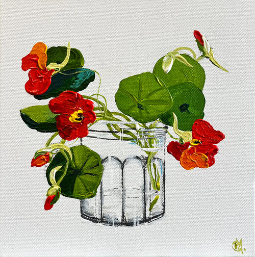 Painting of Nasturtiums in Glass Jar Painted in Acrylic on Stretched Canvas roslynmary art.