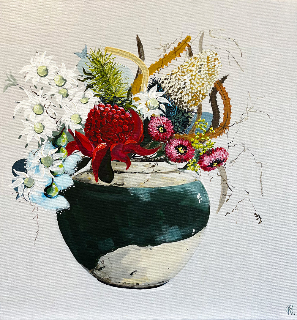 Painting of Native Australian Flowers in Ceramic Jar Painted in Acrylic on Stretched Canvas roslynmary art.