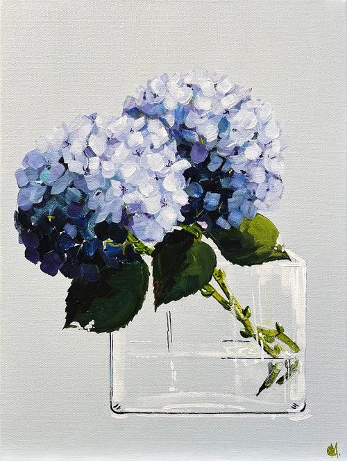 Painting of Two Blue Hydrangeas in Glass Vase Painted in Acrylic on Stretched Canvas roslynmary art.