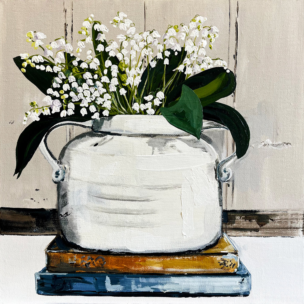 Painting of White Snow Drops in White Milk Jug in Acrylic on Stretched Canvas roslynmary art.