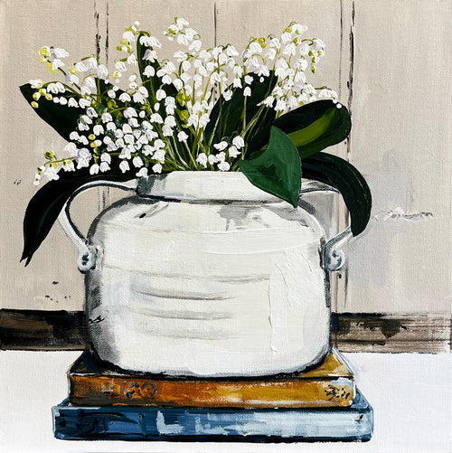 Painting of White Snow Drops in White Milk Jug in Acrylic on Stretched Canvas roslynmary art.