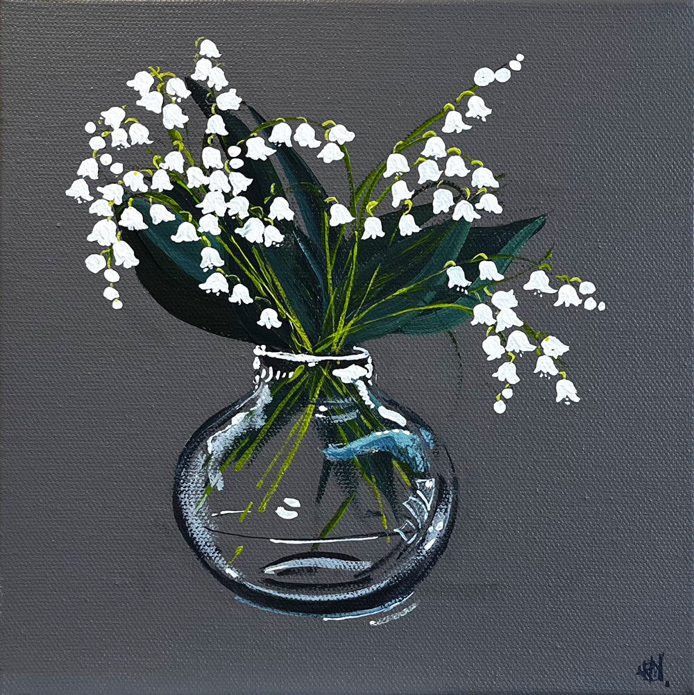 Painting of White Snow Drops in Glass Vase in Acrylic on Stretched Canvas roslynmary art.