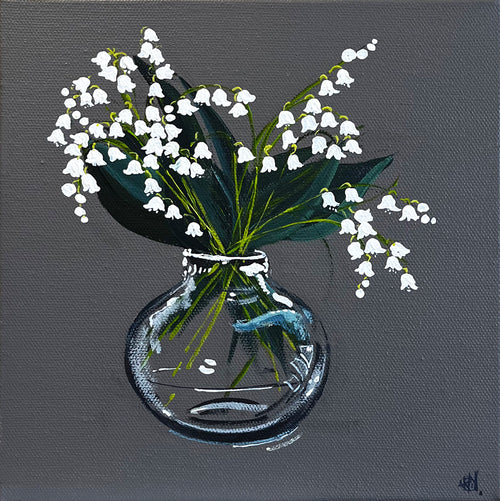Painting of White Snow Drops in Glass Vase in Acrylic on Stretched Canvas roslynmary art.