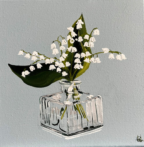 Painting of White Snow Drops in Glass Vase Painted in Acrylic on Stretched Canvas roslynmary art.