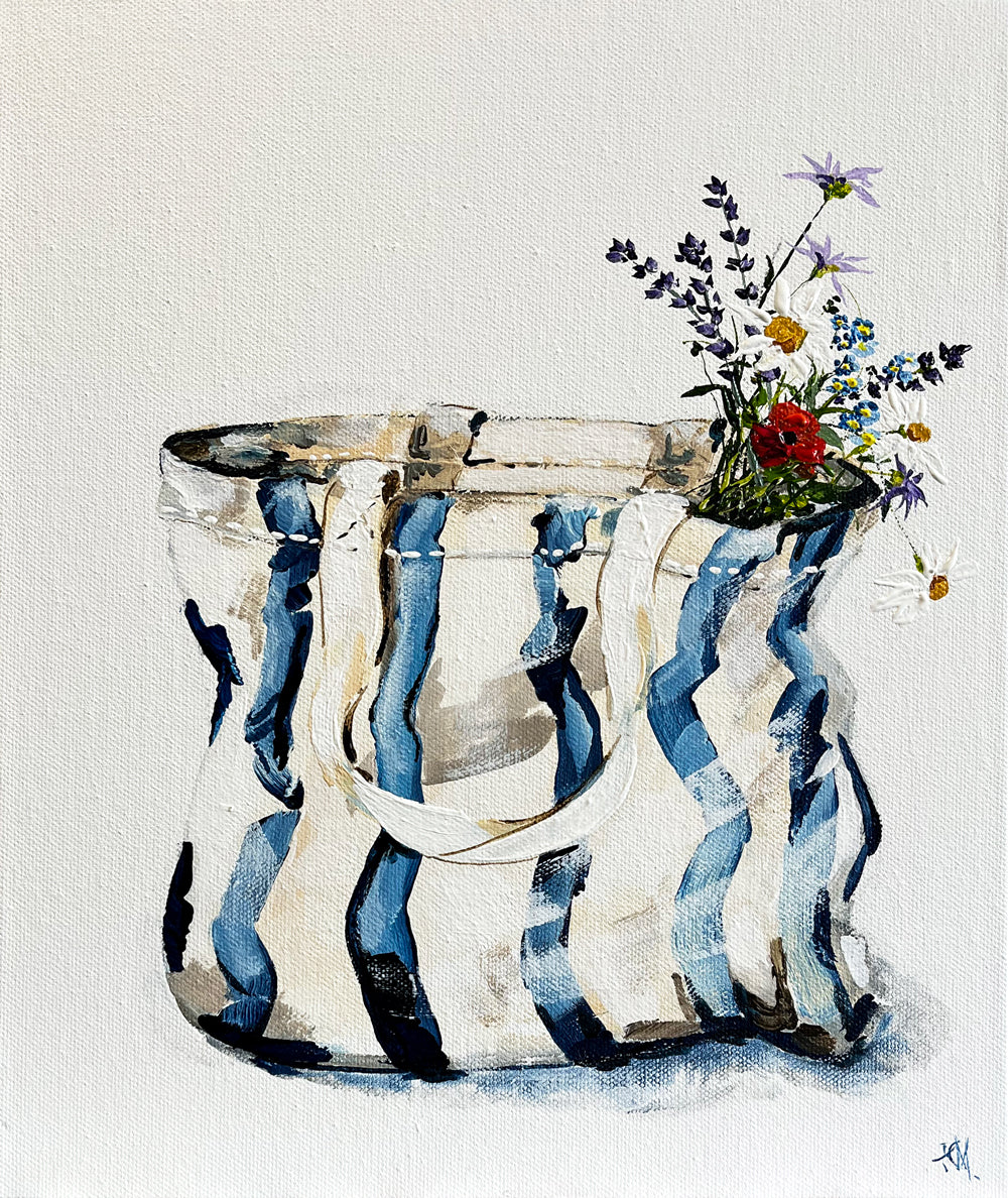 Painting of Blue and White Striped Tote Bag Painted in Acrylic on Canvas Board roslynmary art.