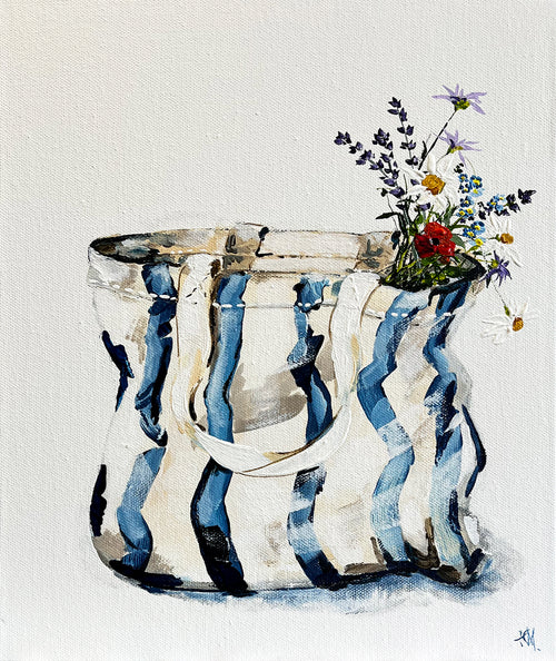 Painting of Blue and White Striped Tote Bag Painted in Acrylic on Canvas Board roslynmary art.