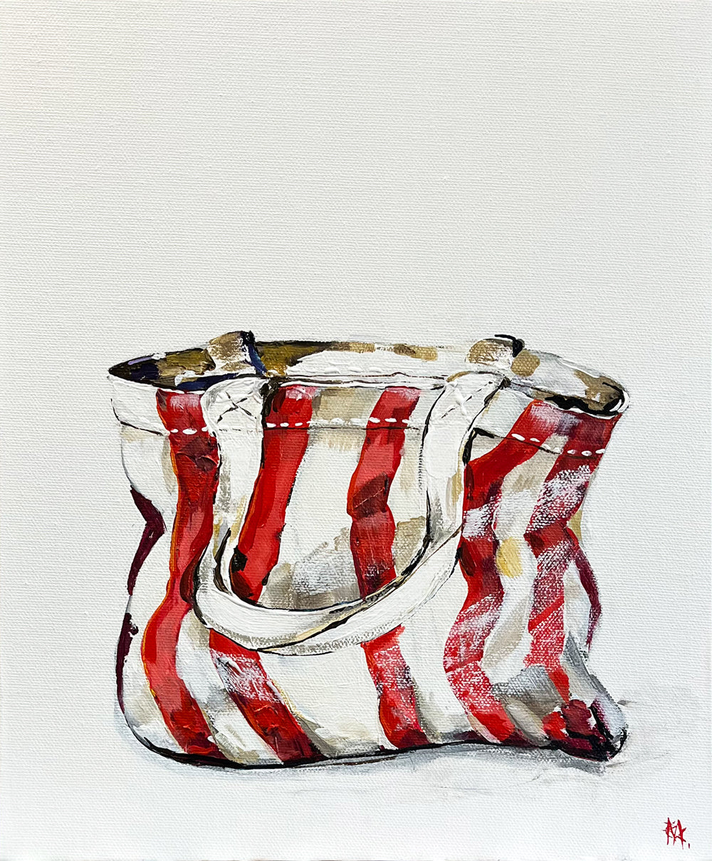 Painting of Red and White Striped Tote Bag Painted in Acrylic on Canvas Board roslynmary art.