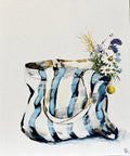 Painting of Blue and White Striped Tote Bag Painted in Acrylic on Canvas Board roslynmary art.