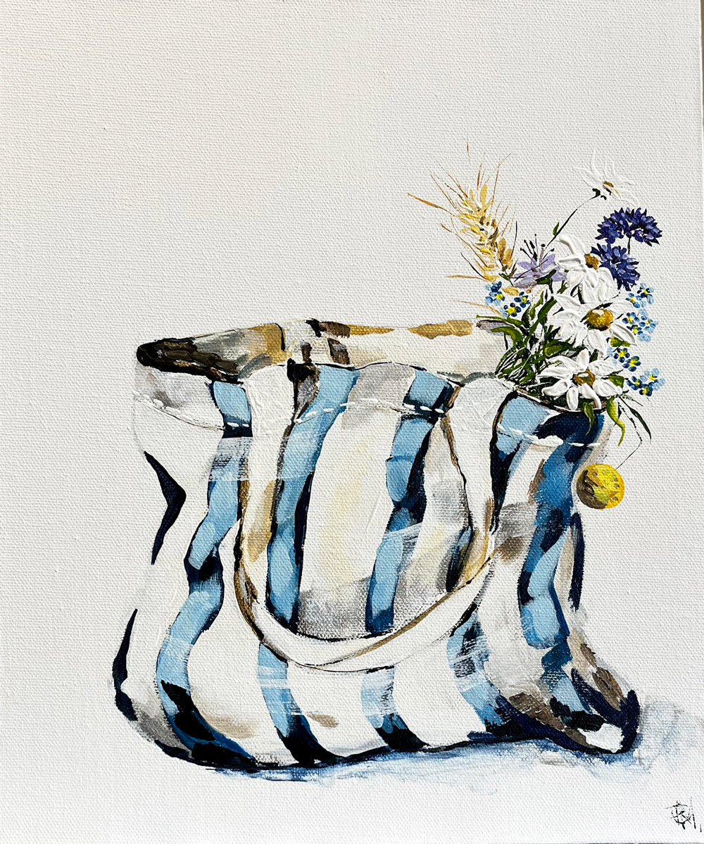 Painting of Blue and White Striped Tote Bag Painted in Acrylic on Canvas Board roslynmary art.