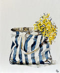 Painting of Blue and White Striped Tote Bag Painted in Acrylic on Canvas Board roslynmary art.