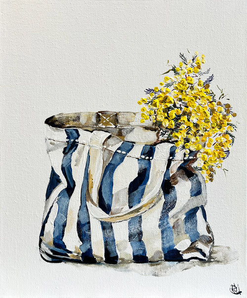 Painting of Blue and White Striped Tote Bag Painted in Acrylic on Canvas Board roslynmary art.